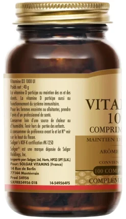 Vitamine D3 1000 UI Solgar - boîte de 100 comprimés à croquer