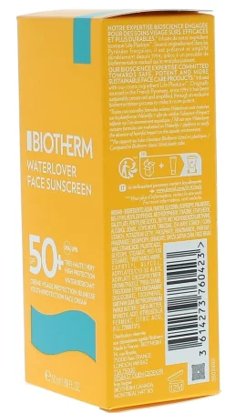 Waterlover Face Sunscreen Crème visage protection jeunesse SPF50+ Biotherm - tube de 50 ml