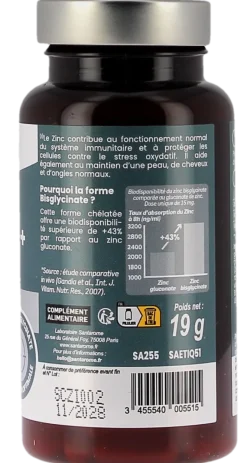 Zinc Bisglycinate+ 15mg Santarome - pot de 60 gélules