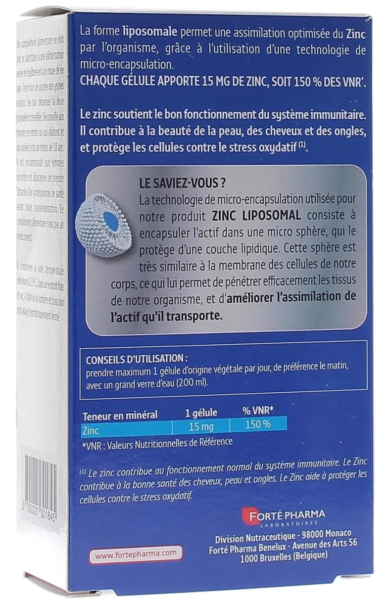Zinc Liposomal 15 mg Forté Pharma - boîte de 60 gélules